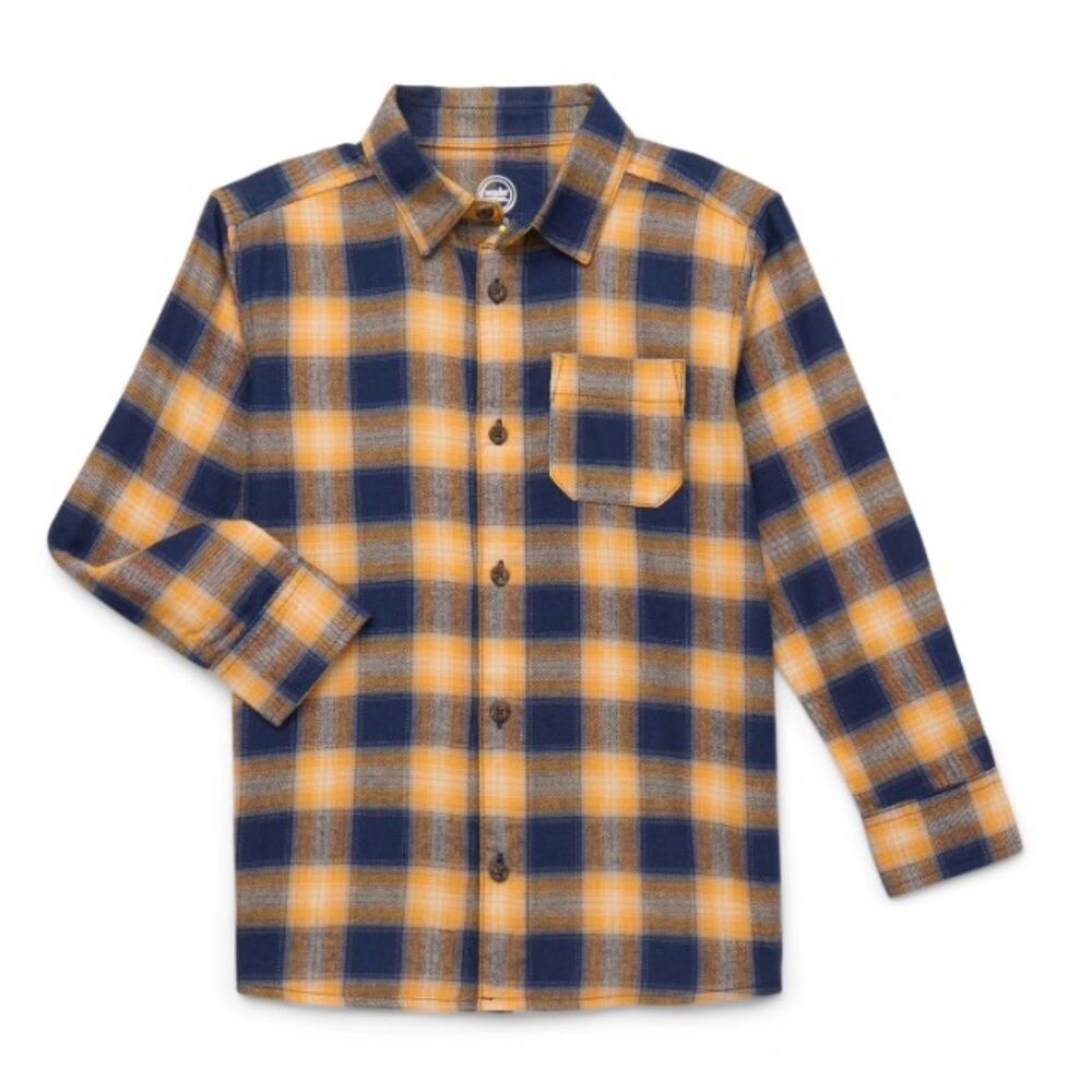 NEW Boy Sz XS (4-5) Blue & Gold Plaid Soft Flannel Button Up Shirt WONDER NATION